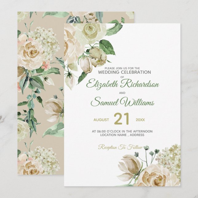 Invitation Hydrangea Aquarelle Classique Rose Bud Crème (Devant / Derrière)