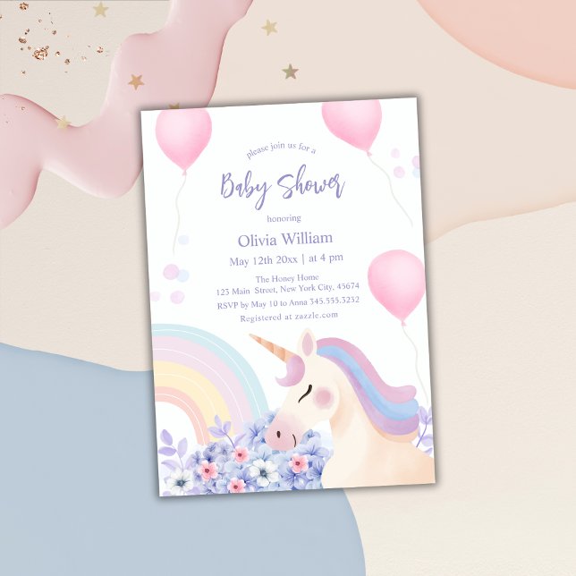Invitation Hydrangea Balloon Rainbow Unicorn Baby shower (Hydrangea Balloon Rainbow Unicorn Baby Shower Invitation)