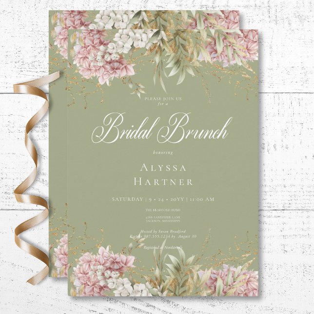 Invitation Hydrangea Blanc Rustique et Rose, Brunch de Mariag (Rustic White & Pink Hydrangea Green Bridal Brunch Invitation)
