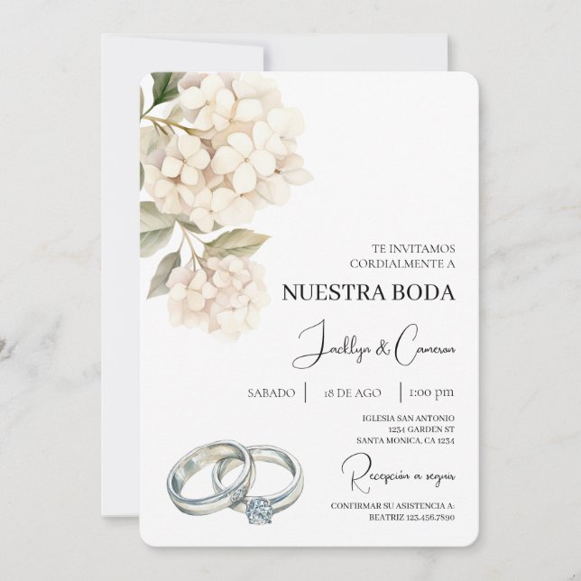 Invitation Hydrangea blanche avec anneau Mariage espagnol (Devant)