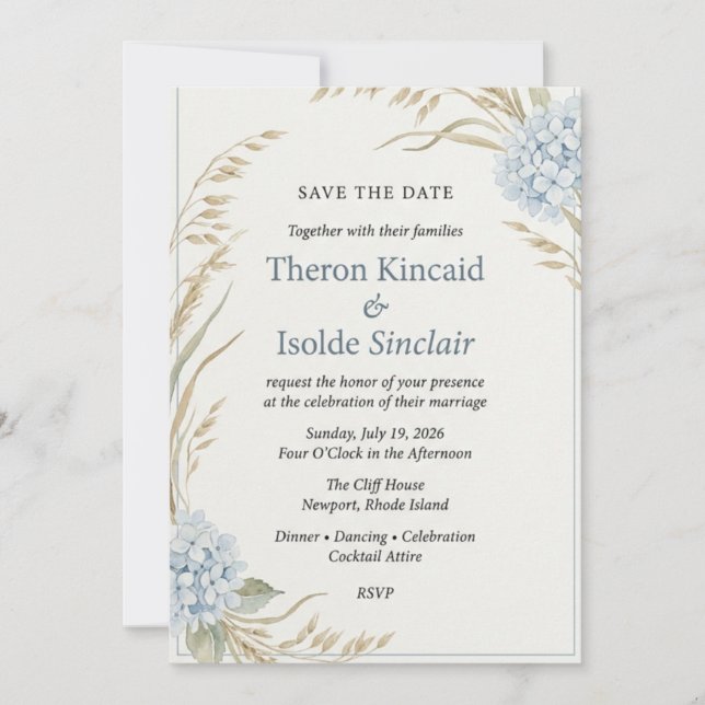 Invitation Hydrangea Bleu Aquarelle & Blé Enregistrer  (Devant)