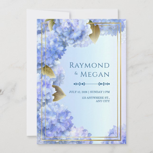 Invitation Hydrangea Bleu aux Bordures Dorées Cadre à Feuille (Devant)