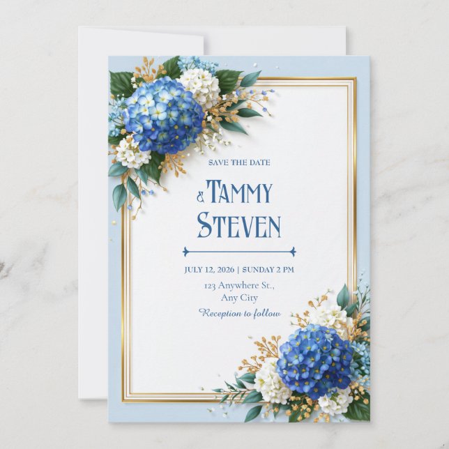 Invitation Hydrangea Bleu Barbeau Cadre Doré Mariage (Devant)