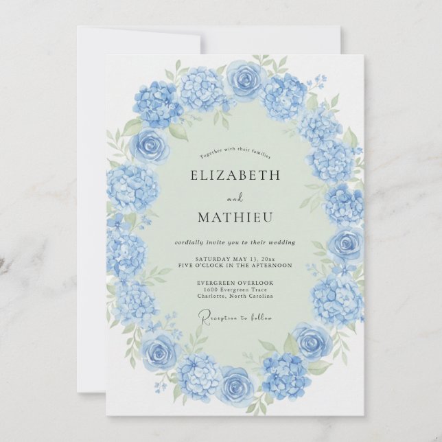 Invitation Hydrangea Bleu Barbeau Mariage de Printemps (Devant)