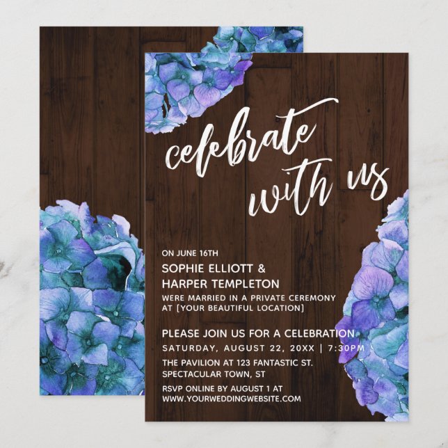 Invitation Hydrangea Bleu Bois Rustique Célébrez avec Nous (Devant / Derrière)