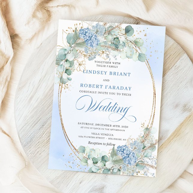 Invitation Hydrangea Bleu Botanique Blé Élégant Mariage  (Botanical Blue Hydrangea Wheat Elegant Wedding Invite)