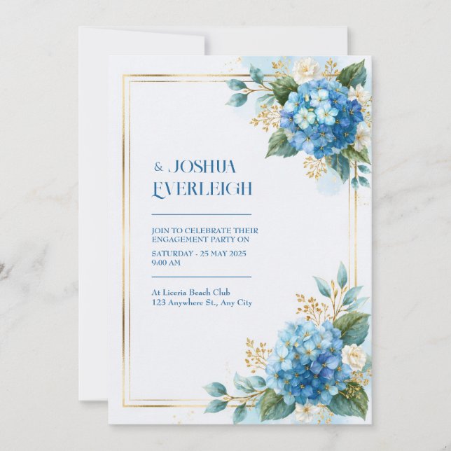 Invitation Hydrangea Bleu Ciel Mariage Or (Devant)