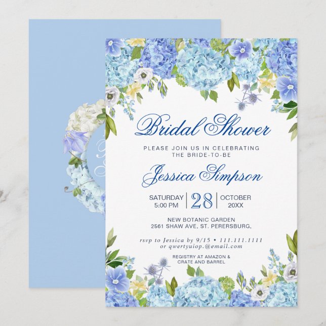 Invitation Hydrangea Bleu Clair Aquarelle Baby Shower de Mari (Devant / Derrière)