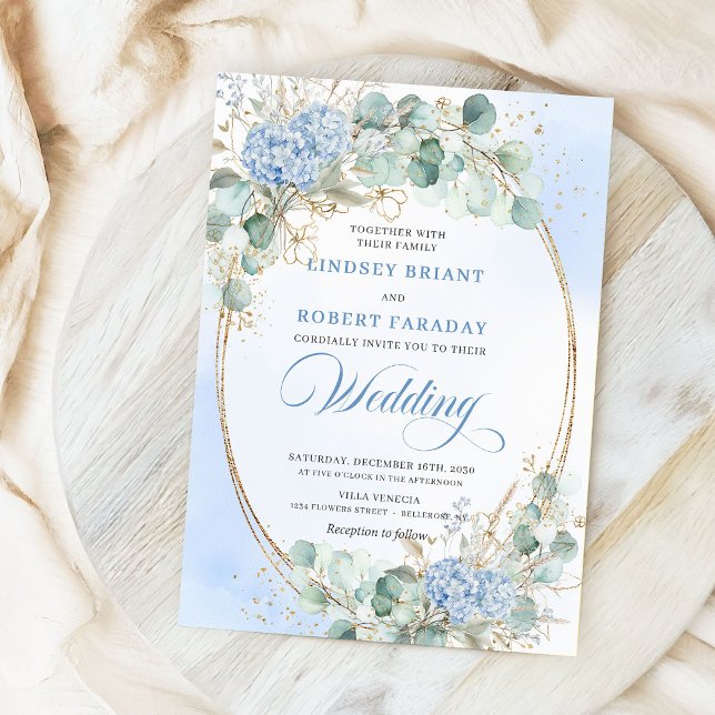 Invitation Hydrangea Bleu Clair Blé Or Élégant Mariage  (Soft Blue Hydrangea Wheat Gold Elegant Wedding Invite)