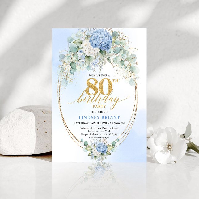 Invitation Hydrangea Bleu Classique Aquarelle 80e Anniversair (Classic Blue Hydrangea Watercolor 80th Birthday Invite)