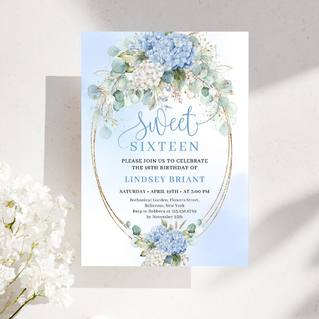 Invitation Hydrangea Bleu Classique Fleurs Dorées Sweet Seize (Classic Blue Hydrangea Gold Floral Sweet Sixteen Invitation)