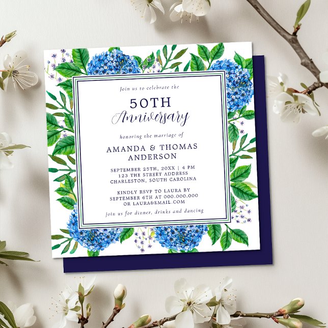 Invitation Hydrangea Bleu de Toutes les Années 50e Anniversai (Front / Back)