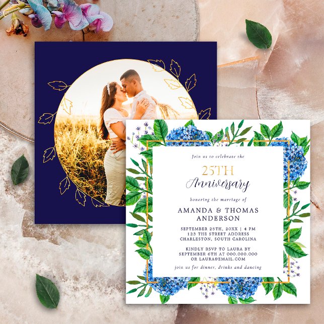 Invitation Hydrangea Bleu Doré 25e Anniversaire de Mariage Ph (Créateur téléchargé)