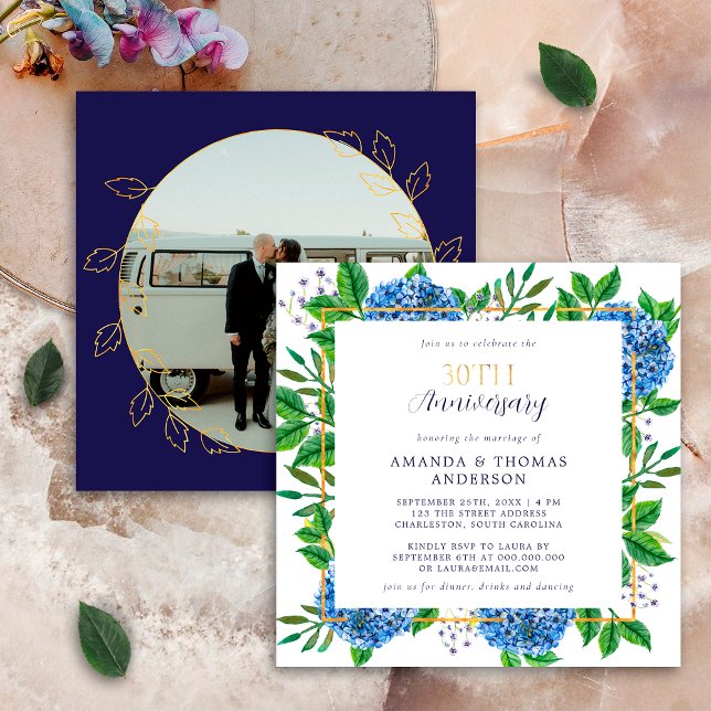 Invitation Hydrangea Bleu Doré 30e Anniversaire de Mariage Ph (Créateur téléchargé)