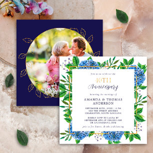 Invitation Hydrangea Bleu Doré 40e Anniversaire de Mariage Ph