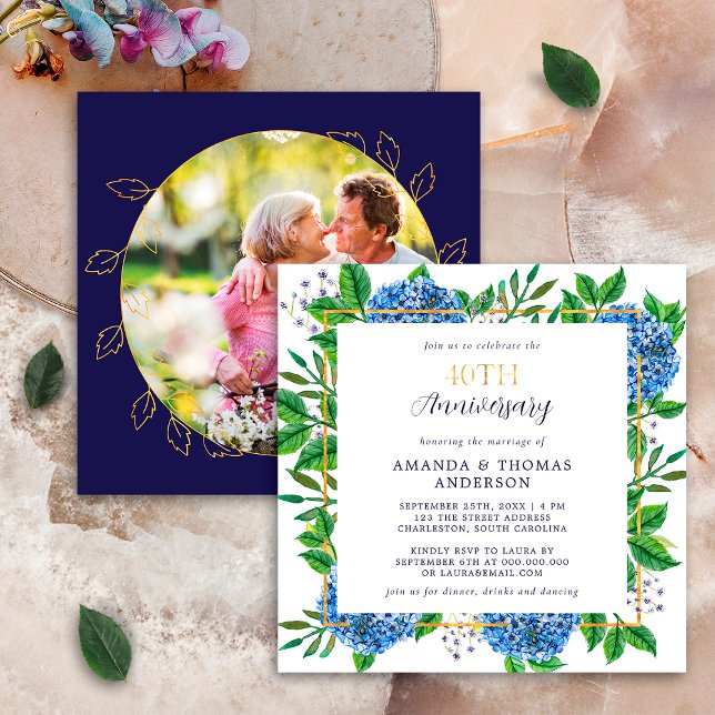 Invitation Hydrangea Bleu Doré 40e Anniversaire de Mariage Ph (Créateur téléchargé)