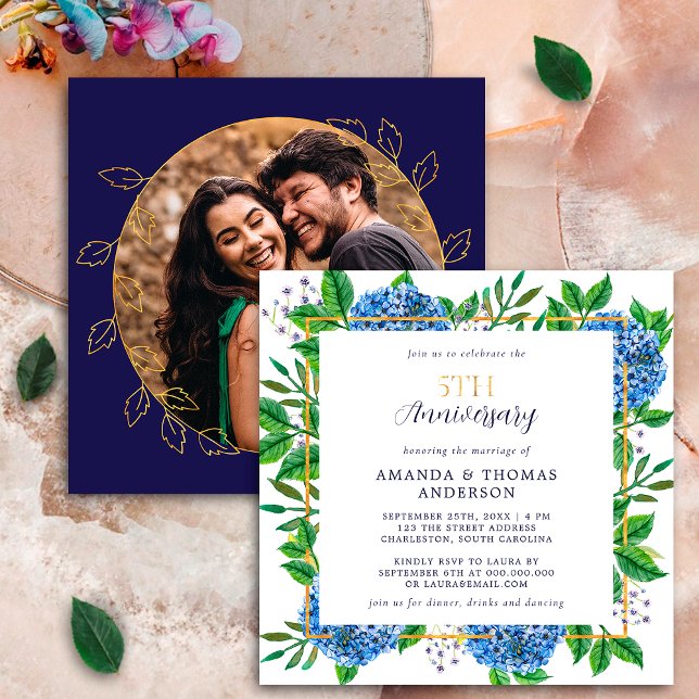 Invitation Hydrangea Bleu Doré 5ème Anniversaire de Mariage P (Créateur téléchargé)