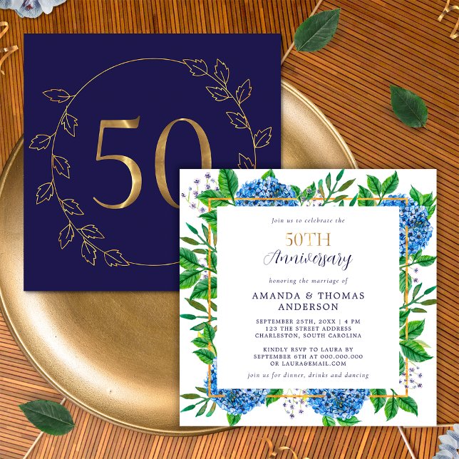 Invitation Hydrangea Bleu Doré Anniversaire de Mariage 50 Ans (Front / Back)