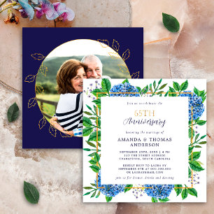 Invitation Hydrangea Bleu Doré Photo Anniversaire de Mariage