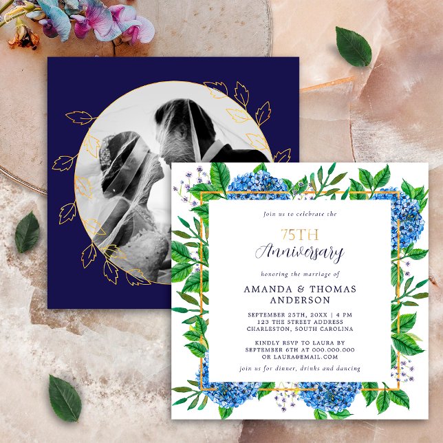 Invitation Hydrangea Bleu Doré Photo Anniversaire de Mariage  (Créateur téléchargé)