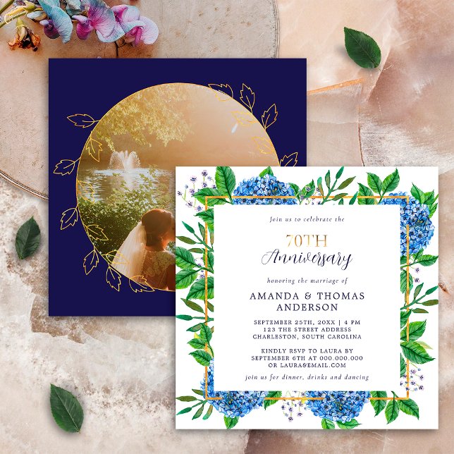 Invitation Hydrangea Bleu Doré Photo Anniversaire de Mariage  (Créateur téléchargé)