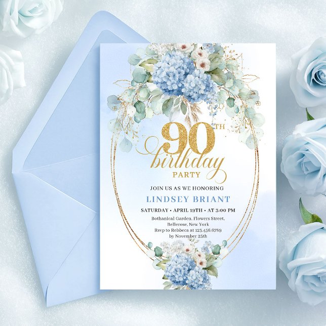 Invitation Hydrangea Bleu Élégant Aquarelle 90e Anniversaire (Graceful Blue Hydrangea Watercolor 90th Birthday)