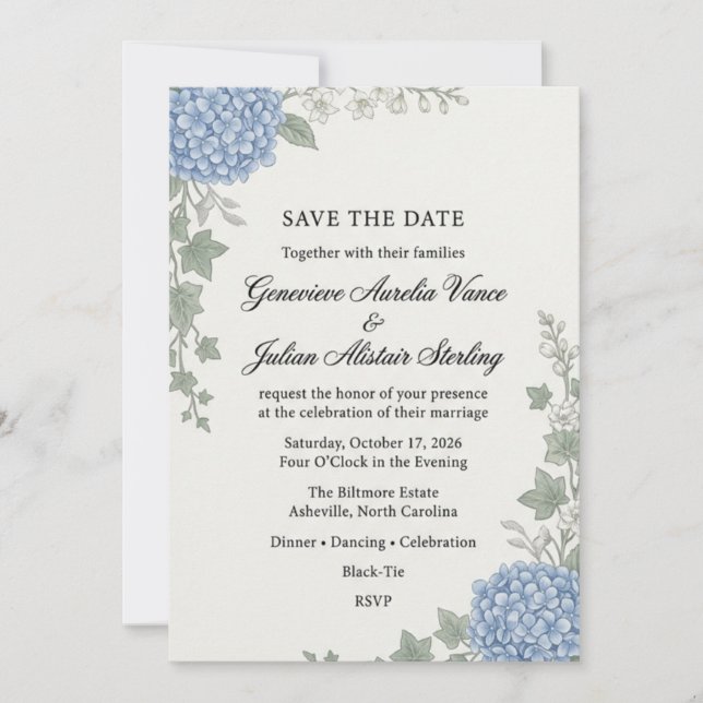 Invitation Hydrangea Bleu Élégant et Lierre Botanique Sauver (Devant)
