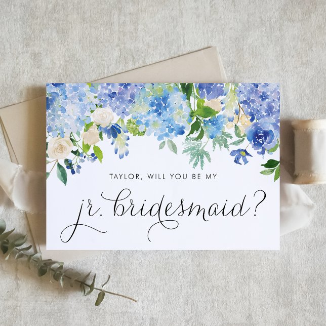 Invitation Hydrangea bleu et Rose blanche Jeune demoiselle d' (Blue hydrangea and white rose junior bridesmaid card with greenery accents for floral wedding themes)