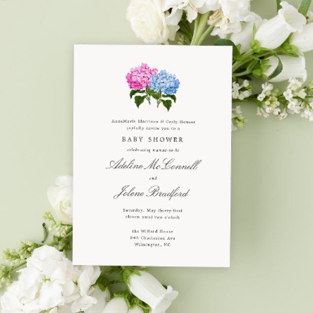 Invitation Hydrangea Bleu et Rose Grand-millennial Double (Pink and blue two mothers double baby shower invitation with hydrangea flowers and traditional style)
