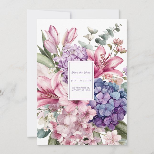 Invitation Hydrangea Bleu Fleur de Lys Rose Élégant Aquarelle (Devant)