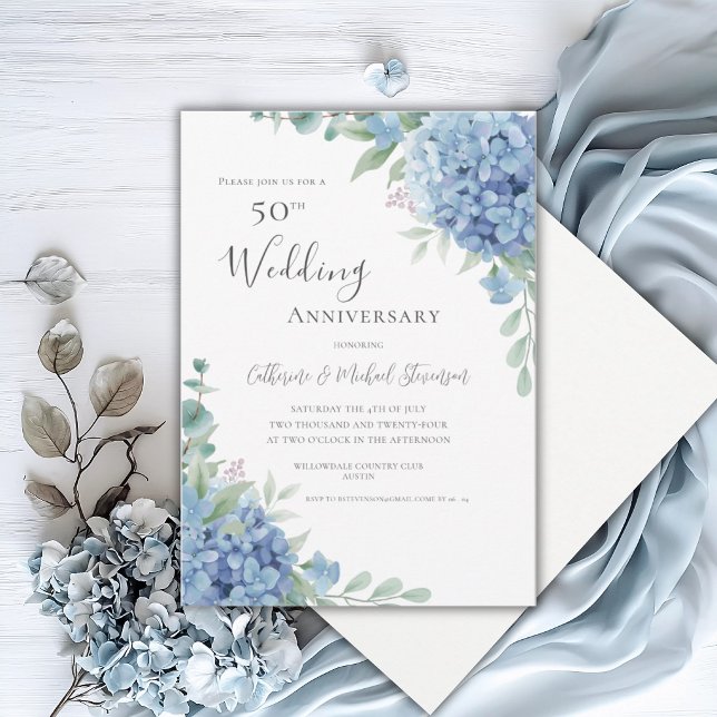 Invitation Hydrangea Bleu Floral 50e Anniversaire de Mariage (Créateur téléchargé)