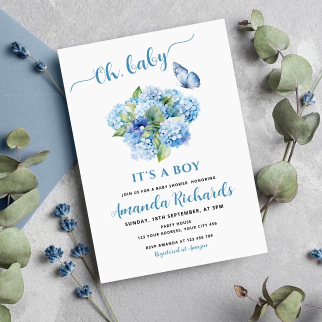 Invitation Hydrangea Bleu Oh, Bébé C'est un Garçon Baby Showe (Créateur téléchargé)