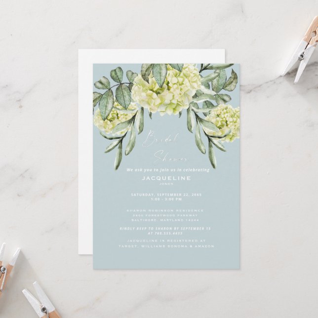 Invitation  Hydrangea Bleu Poussiéreux Élégant Baby Shower  (Devant/Arrière en situation)