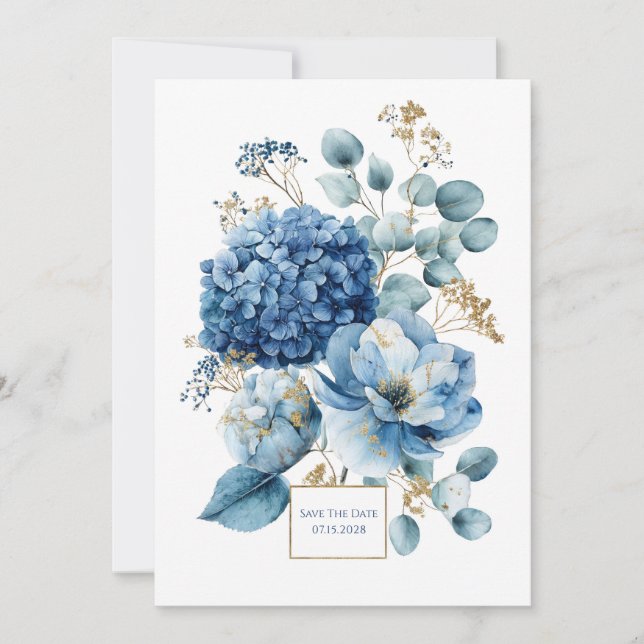 Invitation Hydrangea Bleu Poussiéreux Élégant Paillettes Doré (Devant)