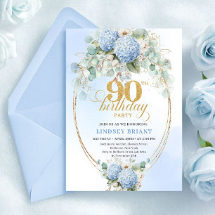 Invitation Hydrangea Bleu Romantique Cadre Doré 90e Anniversa
