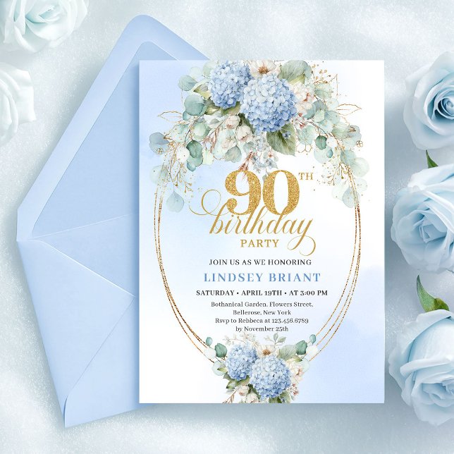 Invitation Hydrangea Bleu Romantique Cadre Doré 90e Anniversa (Romantic Blue Hydrangea Gold Frame 90th Birthday)