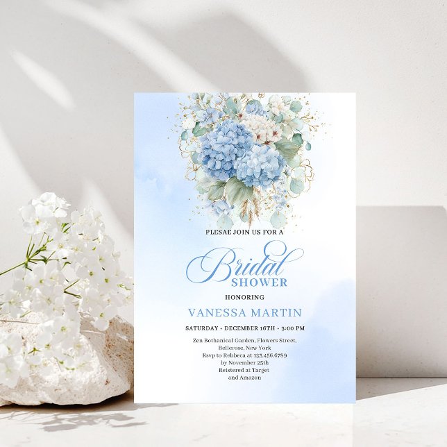 Invitation Hydrangea Bleu Romantique et Fleurs Dorées pour En (Romantic Blue Hydrangea Gold Floral Bridal Shower Invitation)