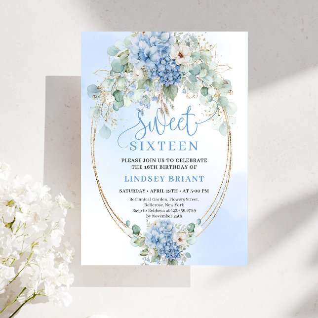 Invitation Hydrangea Bleu Romantique Fleurs Dorées Sweet Seiz (Romantic Blue Hydrangea Gold Floral Sweet Sixteen Invitation)
