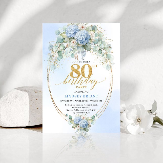 Invitation Hydrangea Bleu Sophistiqué Botanique 80 Anniversai (Sophisticated Blue Hydrangea Botanical 80th Birthday Invite)