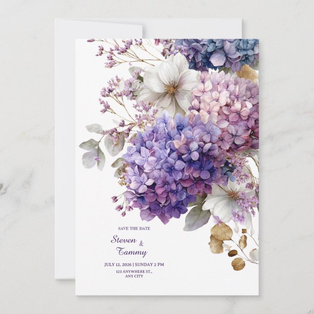 Invitation Hydrangea Bleu Violet Fleur Or Aquarelle (Devant)