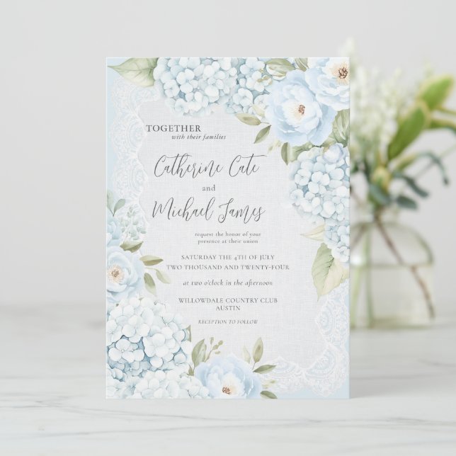 Invitation Hydrangea Bleue Budget Élégant Mariage Floral en D (Debout devant)