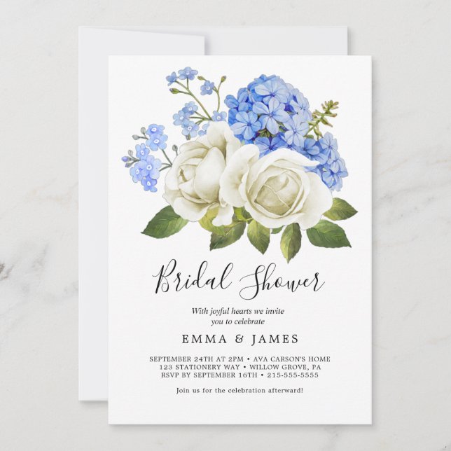 Invitation Hydrangea Bleue Charmante | Fête de Mariage Blanch (Devant)