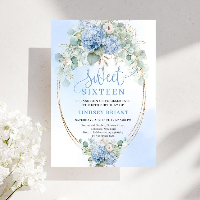 Invitation Hydrangea Bleue Chic Eucalyptus Or 16e Anniversair (Chic Blue Hydrangea Eucalyptus Gold 16th Birthday Invitation)