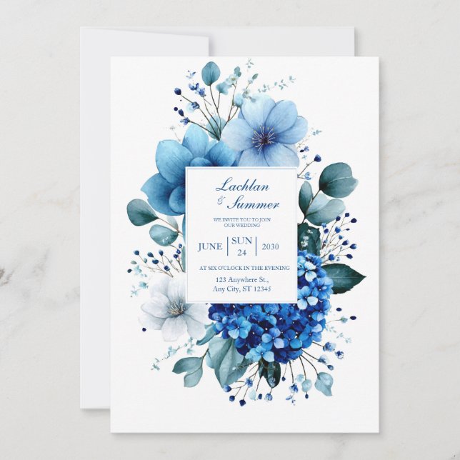 Invitation Hydrangea bleue élégante Anémone Eucalyptus (Devant)