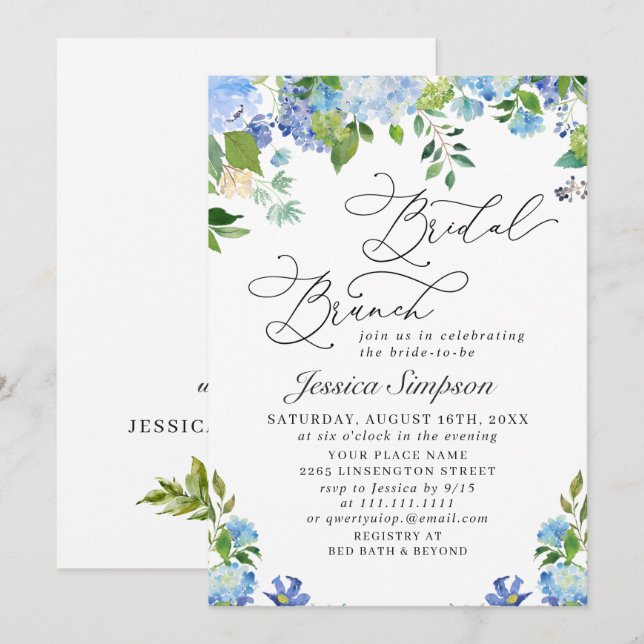 Invitation Hydrangea Bleue Élégante Aquarelle Brunch de Maria (Devant / Derrière)