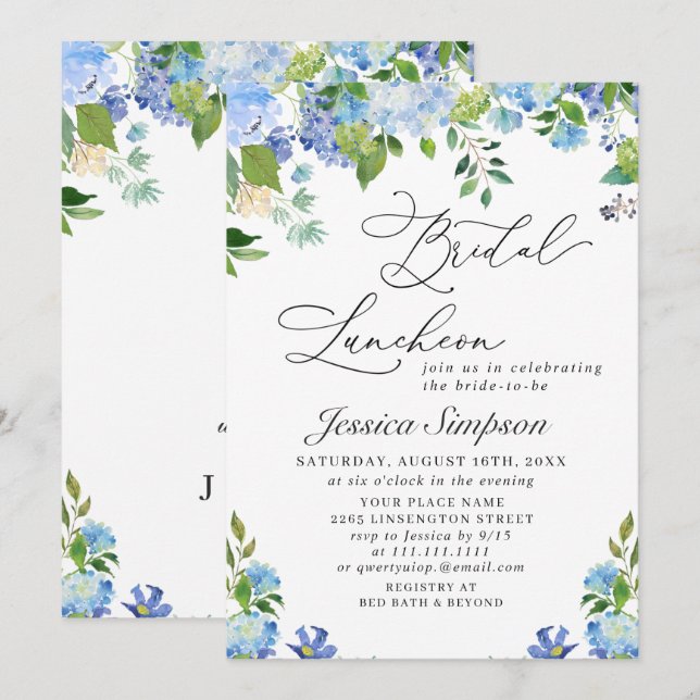 Invitation Hydrangea Bleue Élégante Aquarelle pour Luncheon d (Devant / Derrière)