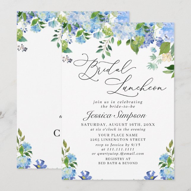 Invitation Hydrangea Bleue Élégante Aquarelle pour Luncheon d (Devant / Derrière)