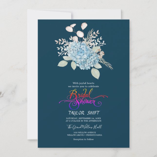 Invitation Hydrangea Bleue Élégante | Réception de Mariage Na (Devant)