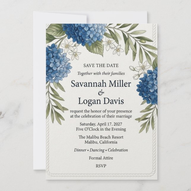 Invitation Hydrangea Bleue et Feuillage d'Olivier Aquarelle  (Devant)