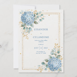 Invitation Hydrangea Bleue Eucalyptus Papier D'or Élégant
